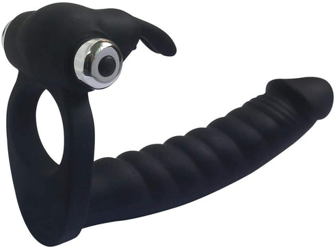 7-Speed Silicone Vibrating Rabbit Cock Ring with Anal Dildo